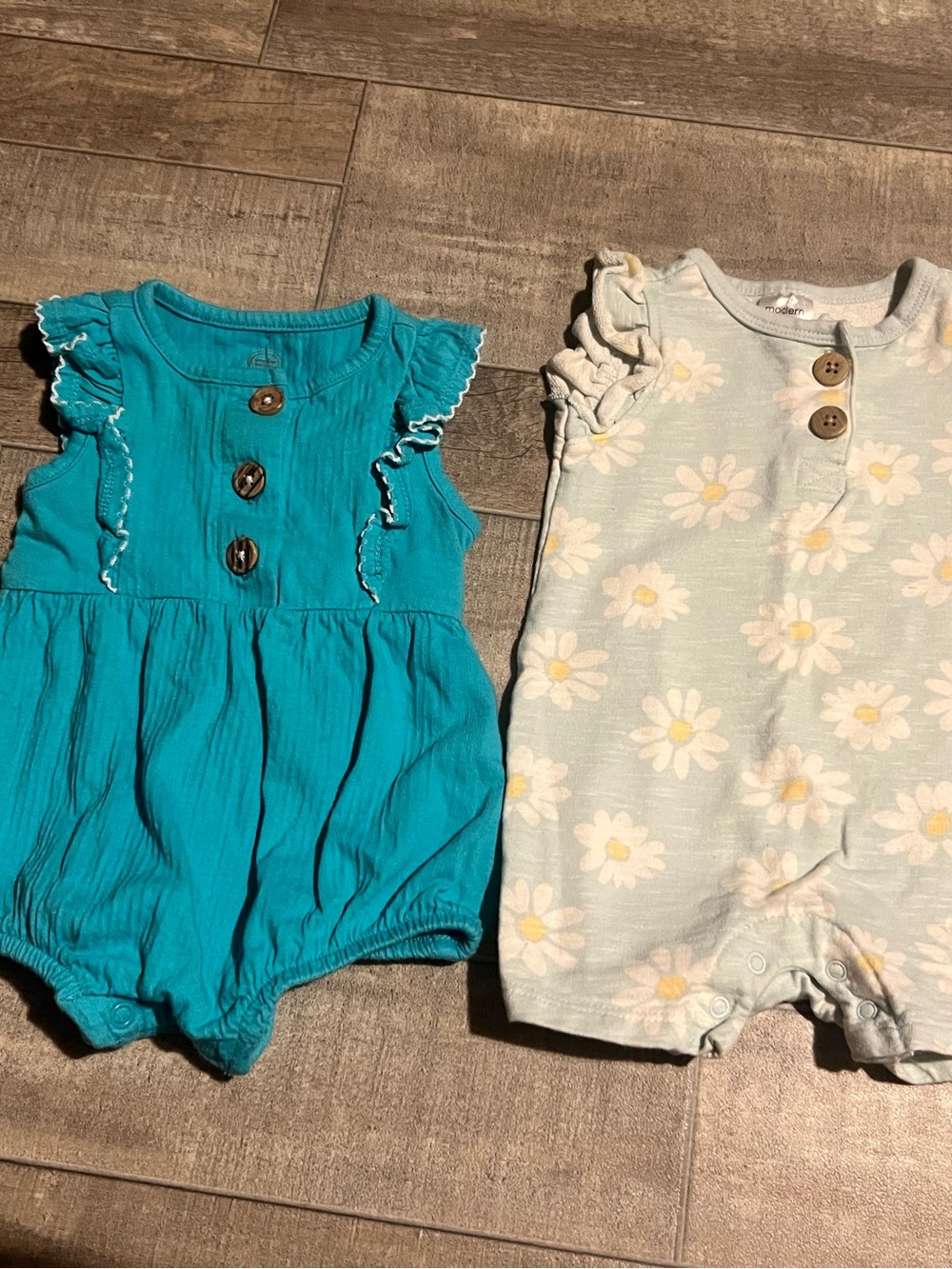 Teal Ruffle Baby Romper + Daisy Print Romper (2)